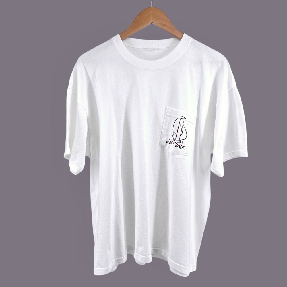 Vintage Key West Sailboat Pocket Tee White Cotton Graphic Boxy Fit Nautical